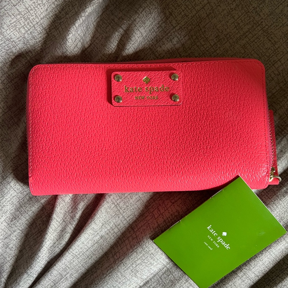 Hot pink coral Kate Spade long zip wallet